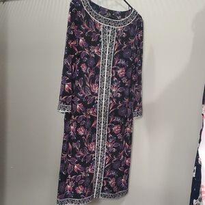 Maggy London Purple Floral Long Sleeve Maxi Dress with Border Trim
